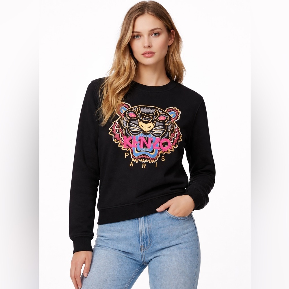 Kenzo Black Sweatshirt crewneck Vibrant Multicolour Embroidery Tiger Design SzM